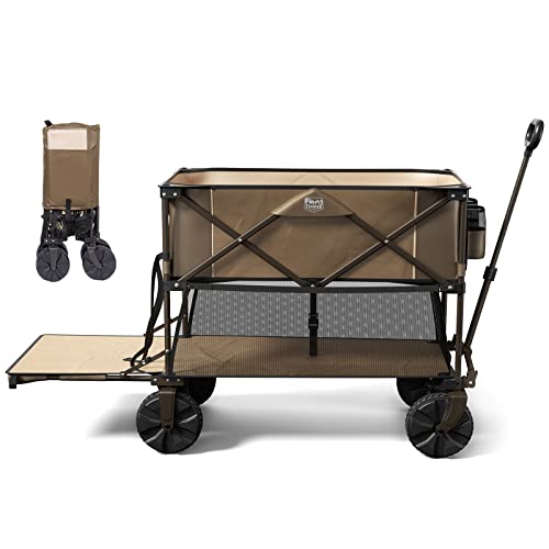 TIMBER RIDGE Folding Double Decker Wagon, Heavy Duty Collapsible Wagon Cart with 54" Lower Decker, All-Terrain Big Wheels for Camping, Fishing, Shopping, Garden, and Beach, Support Up to 225lbs, Brown TIMBER RIDGE Folding Double Decker Wagon, Heavy Duty Collapsible Wagon Cart with 54" Lower Decker, All-Terrain Big Wheels for Camping, Fishing, Shopping, Garden, and Beach, Support Up to 225lbs, Brown