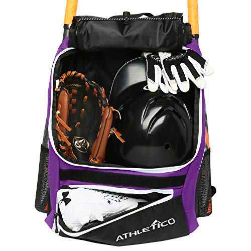 Athletico Baseball Bat Bag - Backpack for Baseball, T-Ball & Softball Equipment & Gear for Youth and Adults | Holds Bat, Helmet, Glove, & Shoes |Shoe Compartment & Fence Hook (Purple) Athletico Baseball Bat Bag - Backpack for Baseball, T-Ball & Softball Equipment & Gear for Youth and Adults | Holds Bat, Helmet, Glove, & Shoes |Shoe Compartment & Fence Hook (Purple)